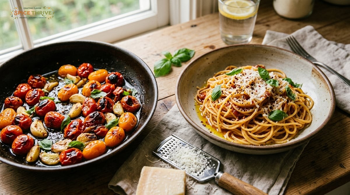 A pan of roasted cherry tomatoes and garlic with a bowl of glossy pasta, scattered fresh basil, and 