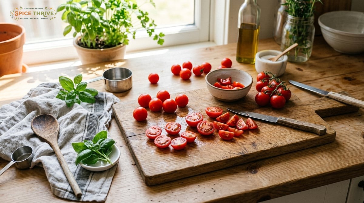 A bright kitchen counter with fresh cherry tomatoes scattered around a wooden cutting board, some sl