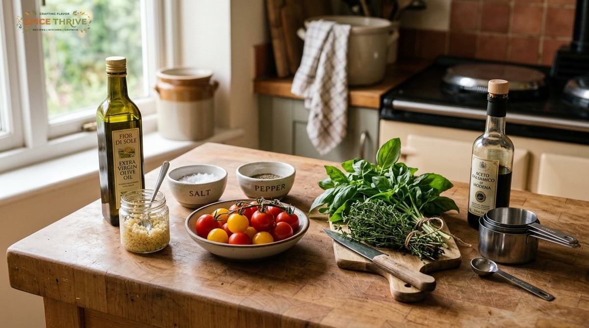 A kitchen counter with cherry tomatoes, olive oil, bunches of herbs, minced garlic, small bowls of s