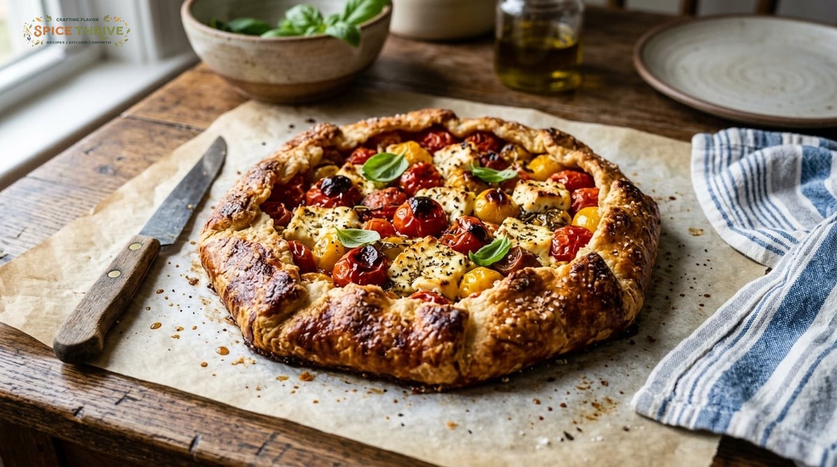 A rustic galette with blistered cherry tomatoes and golden, flaky crust. Slices of herbed feta visib