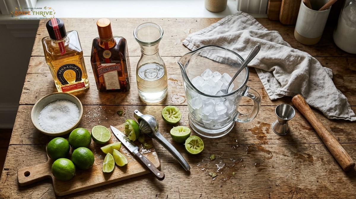 A close-up, overhead photo of all margarita pitcher ingredients laid out on a kitchen countertop: a 