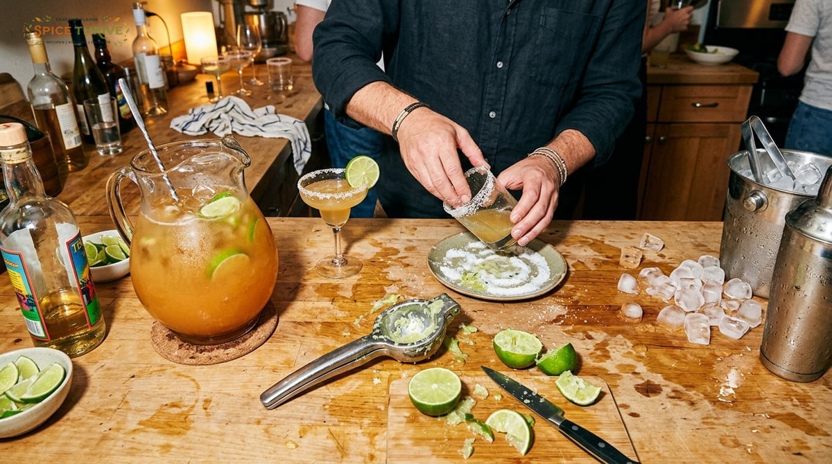 A top-down photo of a well-used home kitchen counter: a big glass pitcher with margarita, a lime jui