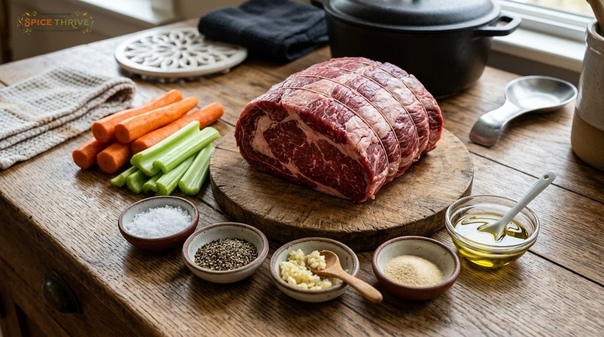 Close-up of ingredients for bottom round roast: raw beef roast, peeled carrots, celery, small bowls 