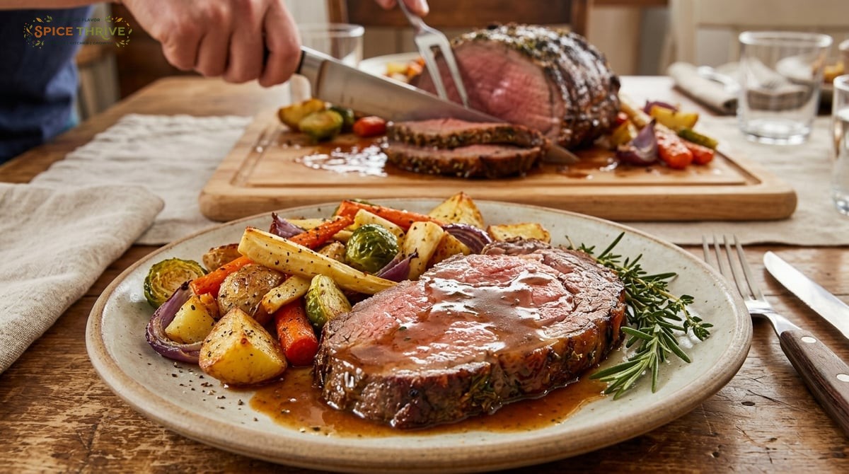 A plated slice of bottom round roast, juicy and glistening, surrounded by roasted vegetables and a d