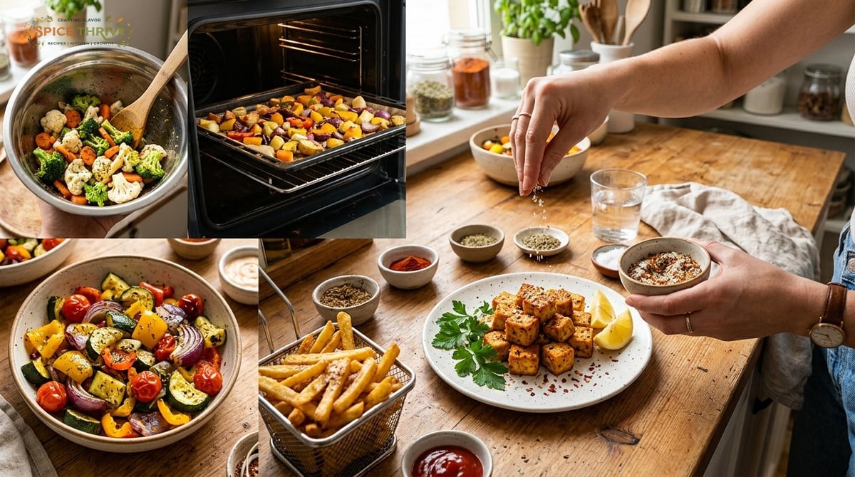 A bright, inviting kitchen counter with bowls of seasoned salt, roasted vegetables, crispy golden fr