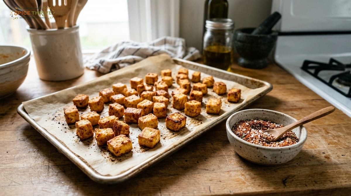 In-process kitchen shot: Cubed tofu tossed with cornstarch and seasoned salt on a baking sheet. Fini