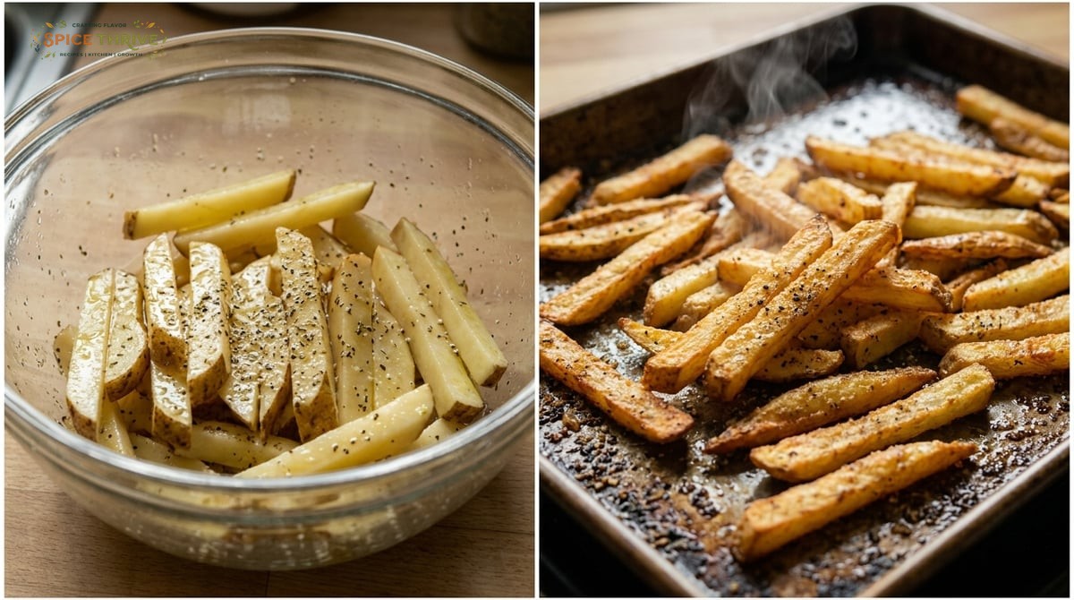 Process photo: Raw potato batons tossed with seasoned salt and oil in a glass bowl. Next image: Gold