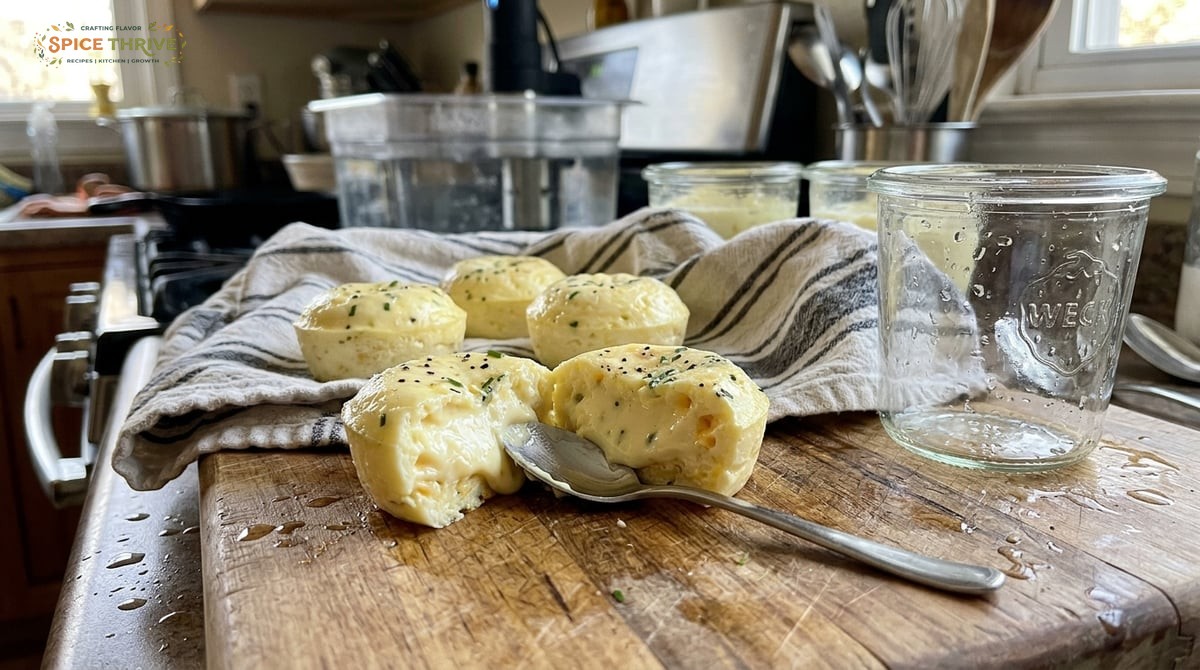 Close-up of sous vide egg bites just removed from jars, with one being split open to show the creamy