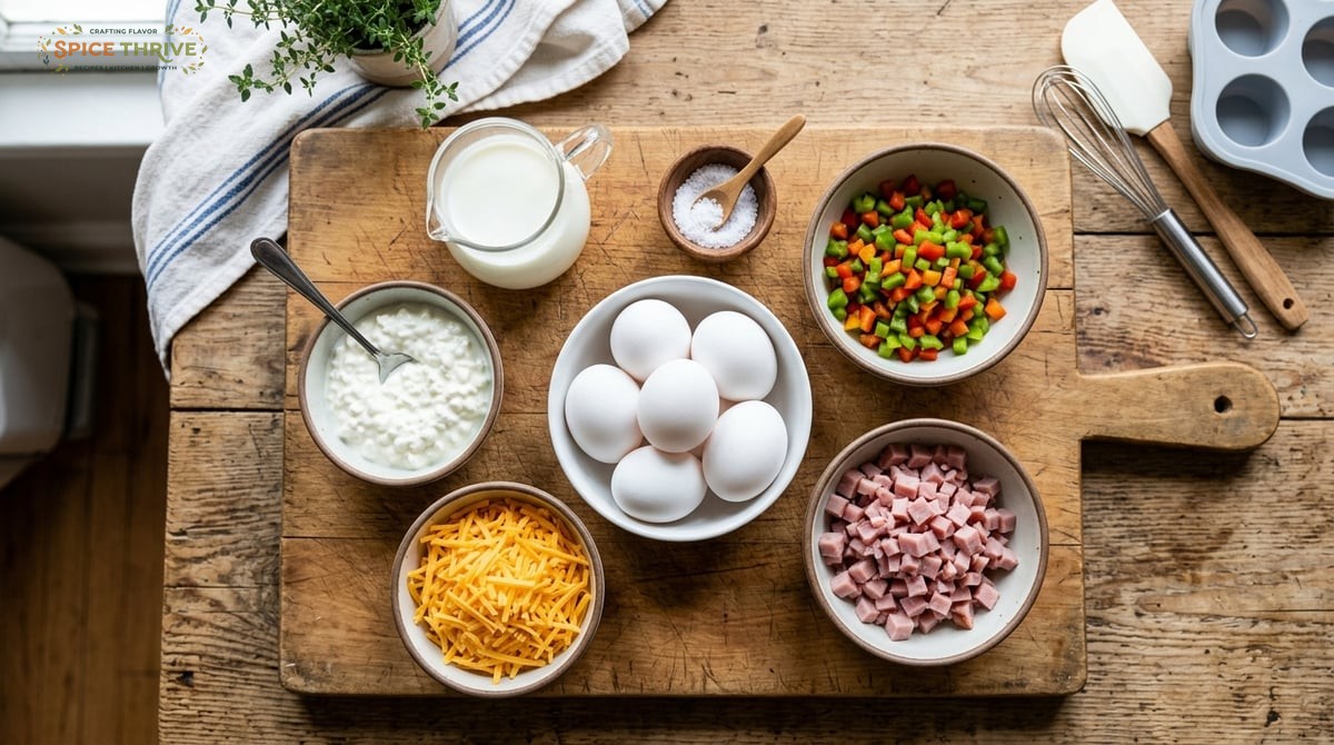 Overhead image of all sous vide egg bites ingredients laid out in bowls: eggs, cottage cheese, shred