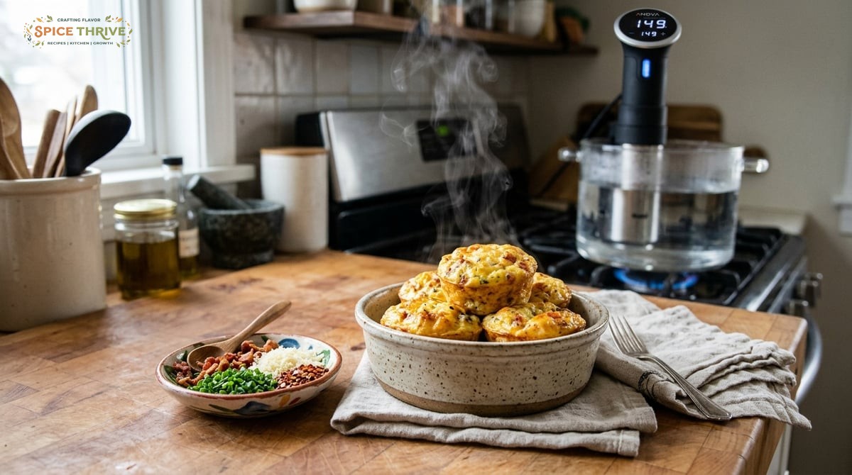 A set of freshly cooked sous vide egg bites, golden on top and creamy inside, displayed in a rustic 