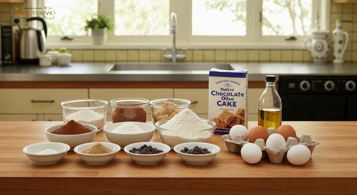 An overhead shot of all the measured ingredients for chocolate cake laid out on a wooden kitchen cou