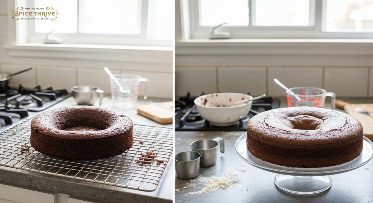A home kitchen setting with side-by-side shots: one image showing an underbaked, sunken chocolate ca