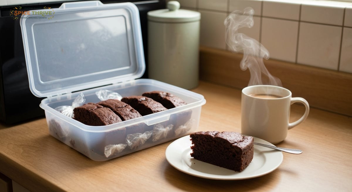 A kitchen countertop with a plastic container holding slices of chocolate cake, some wrapped for fre