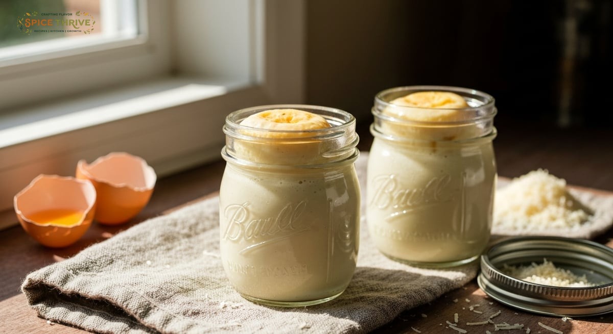 A close-up, photo-realistic image of soft, creamy sous vide egg bites just out of their mason jars, 