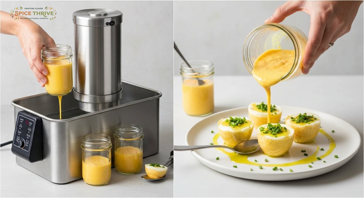 Step-by-step, photo-realistic collage: (1) sous vide water bath setup, (2) blended egg mixture being