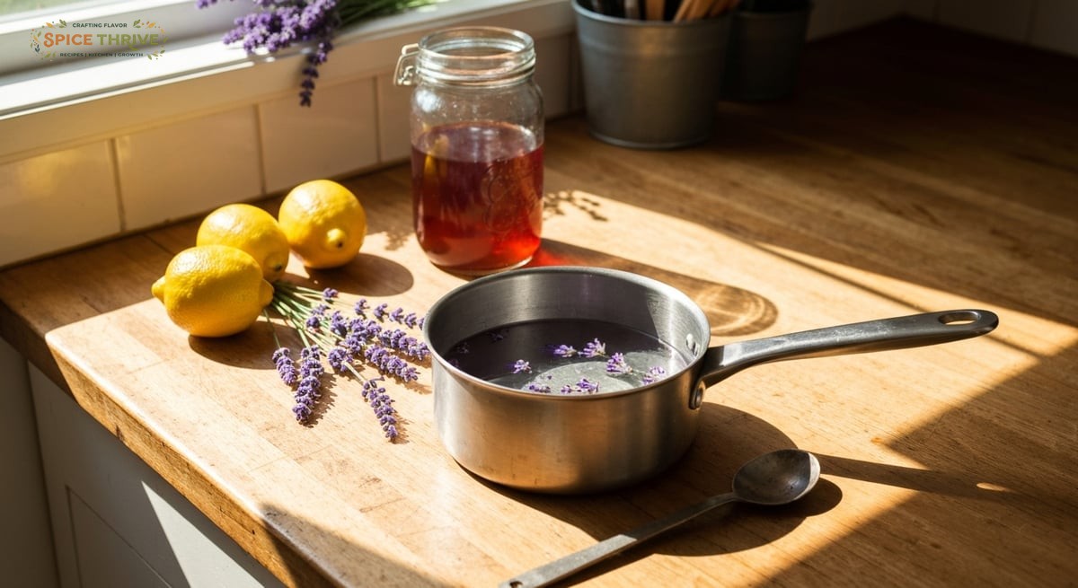 A cozy kitchen scene with a small saucepan of lavender simple syrup cooling on the counter. Fresh la
