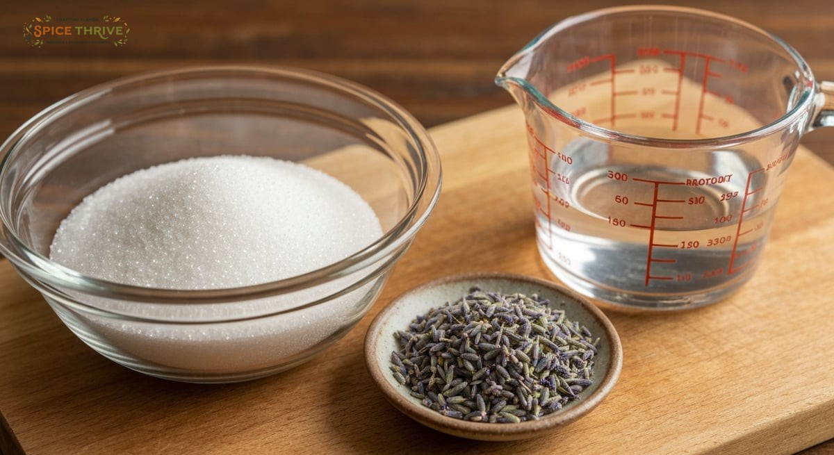 Closeup of measured ingredients: a glass bowl of granulated sugar, a measuring cup of water, and a s