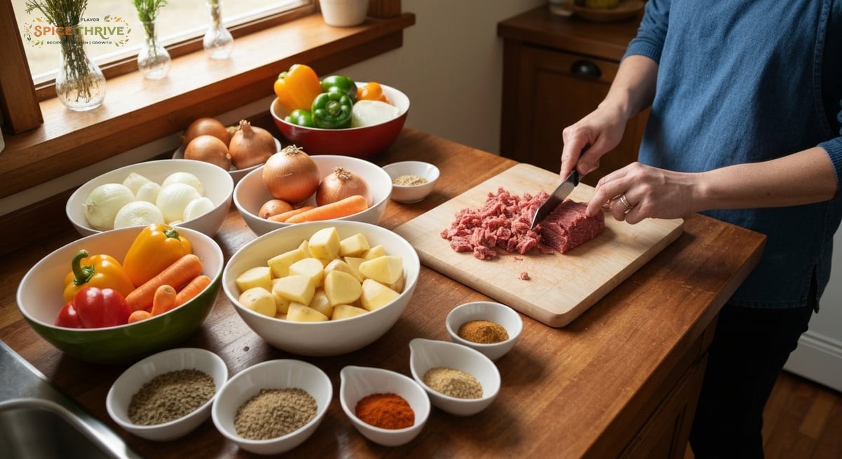 A real kitchen scene with hands prepping diced corned beef, surrounded by bowls of vegetables, potat
