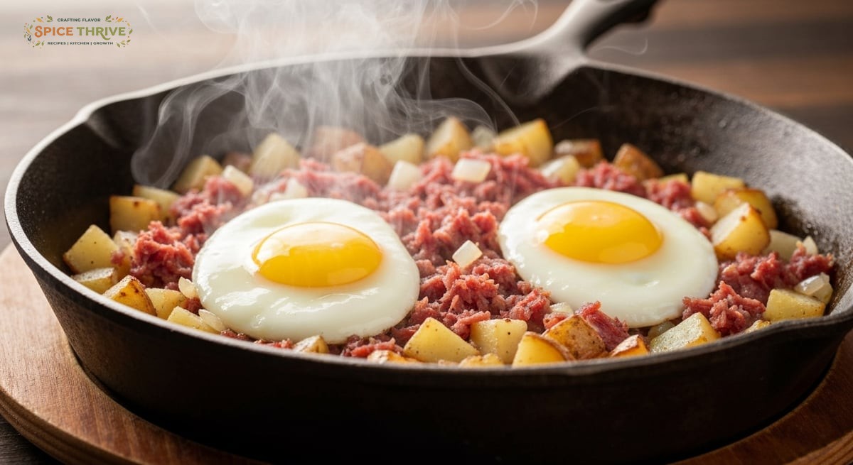 Close-up of sizzling corned beef hash in a cast iron skillet, crispy potatoes, onions, eggs just set
