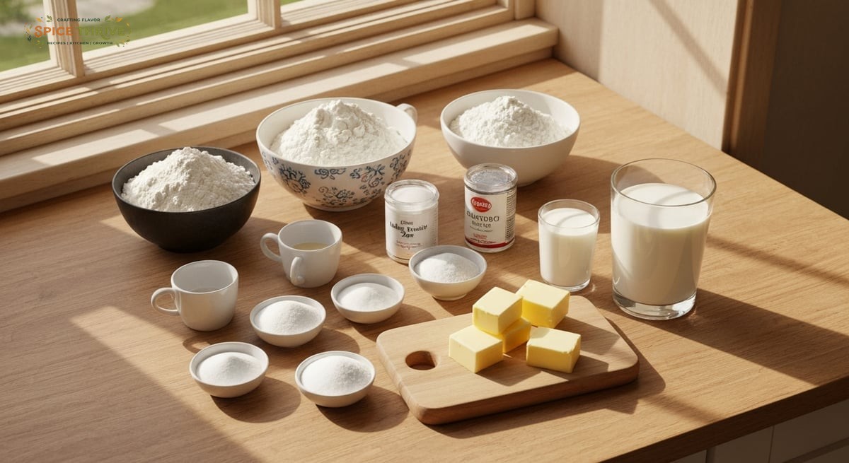 Ingredients for old-fashioned dumplings measured out in cups and grams, neatly arranged on a wooden 