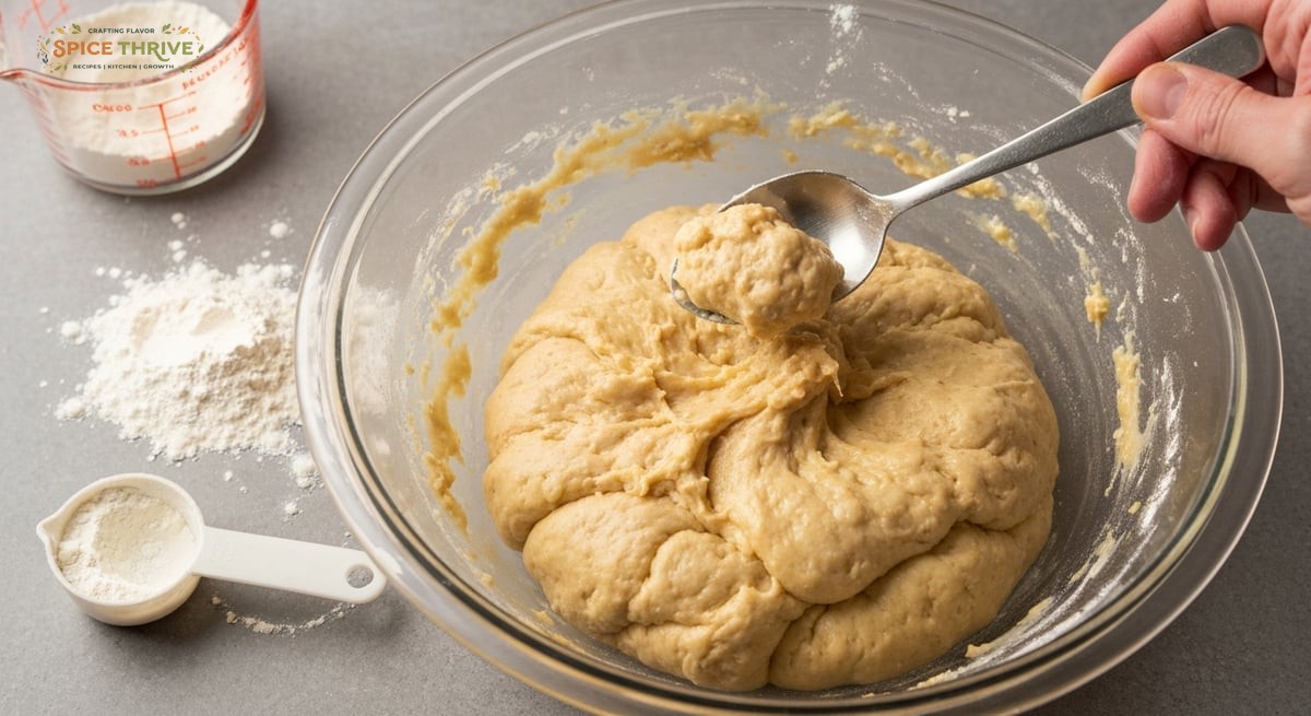 A close-up photo of lumpy, sticky dumpling dough in a large bowl, with a hand holding a spoon ready 