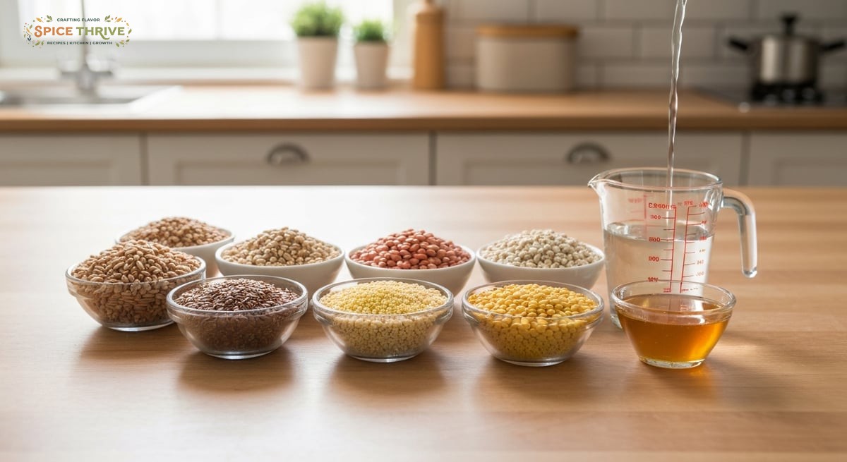 A lineup of raw measured ingredients in small bowls on a kitchen table: wheat berries, spelt berries