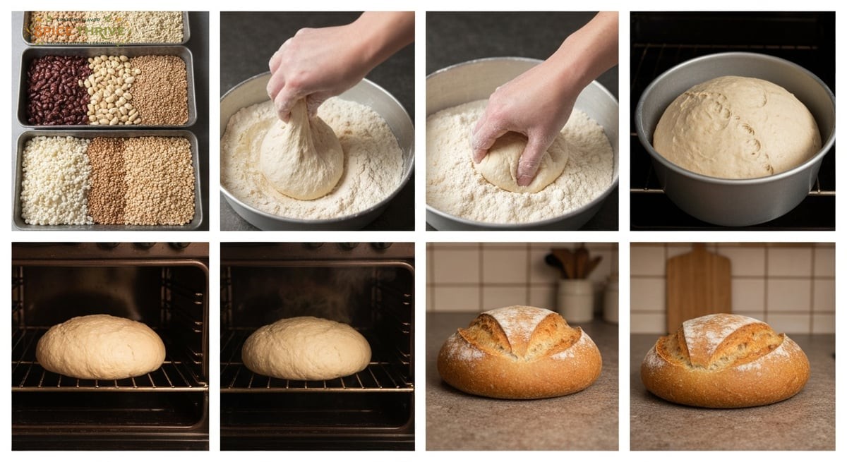 Step by step collage: grains and beans sprouting in a tray, dough being mixed by hand, shaped loaf r