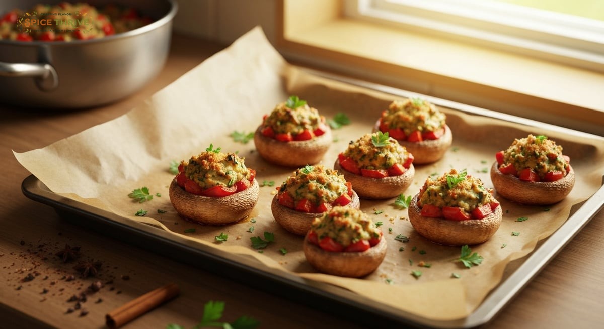 A baking tray with golden-brown stuffed mushrooms, visibly filled with a vibrant, slightly carameliz