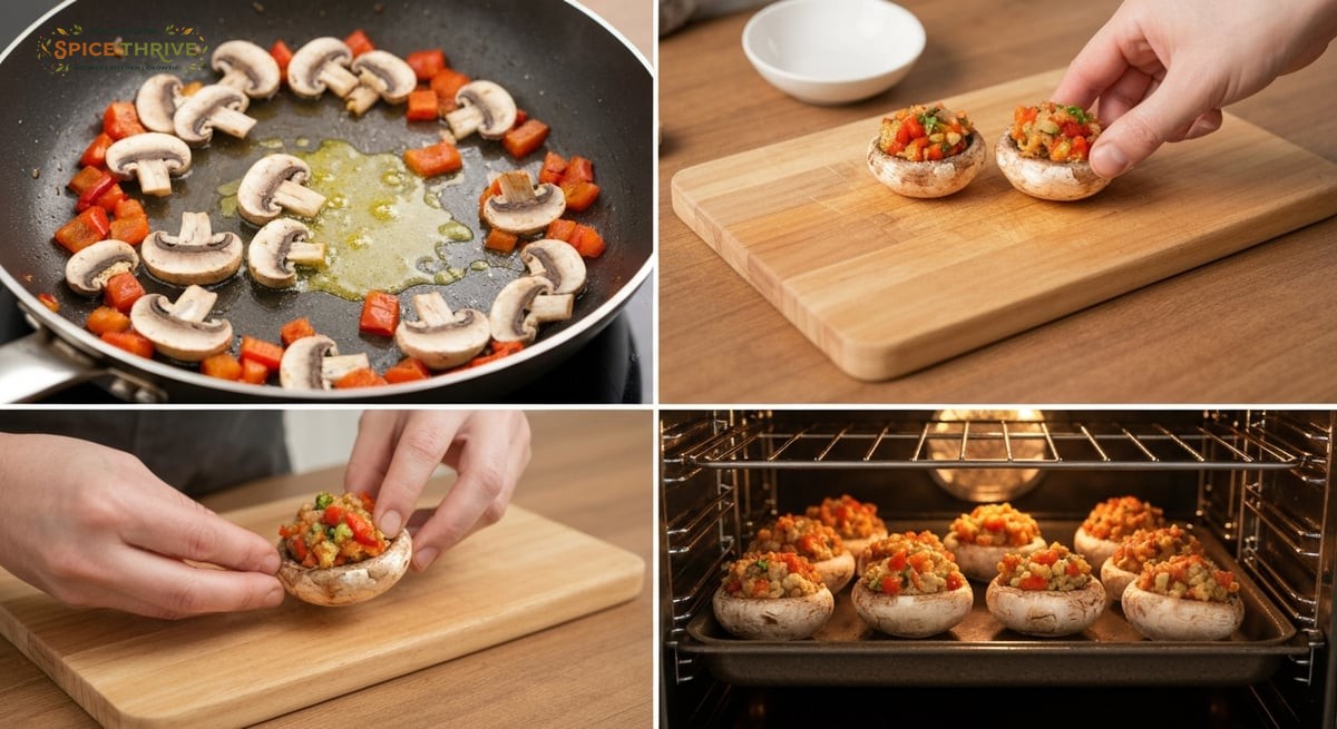 Step-by-step in-process photos: chopped mushroom stems and diced roasted red bell peppers in a skill