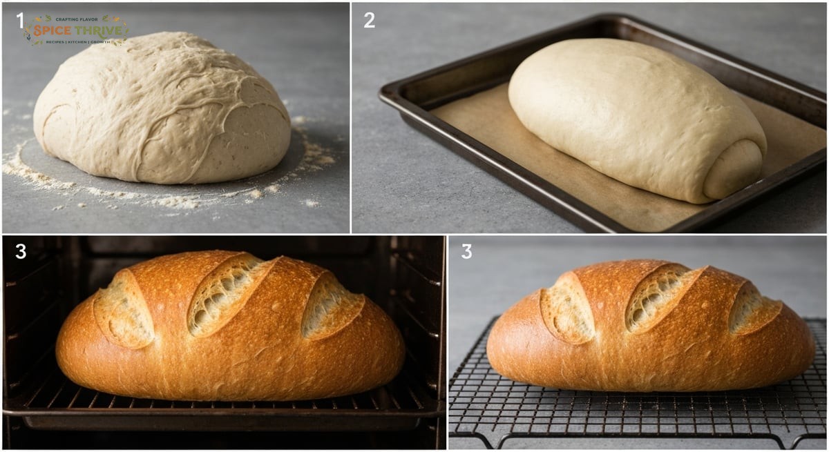 Step-by-step process photos: sticky dough after mixing, shaped loaf on baking tray, golden brown fin