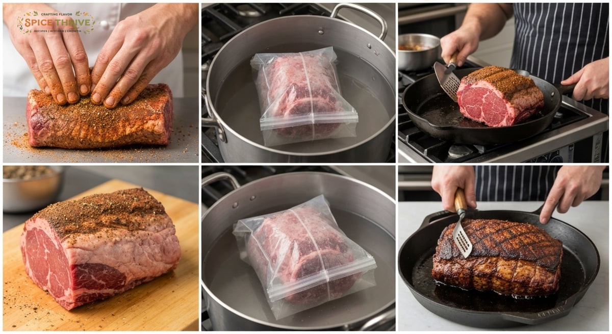A step-by-step kitchen collage: rubbing spices on raw prime rib, sealing the roast in a heavy-duty b