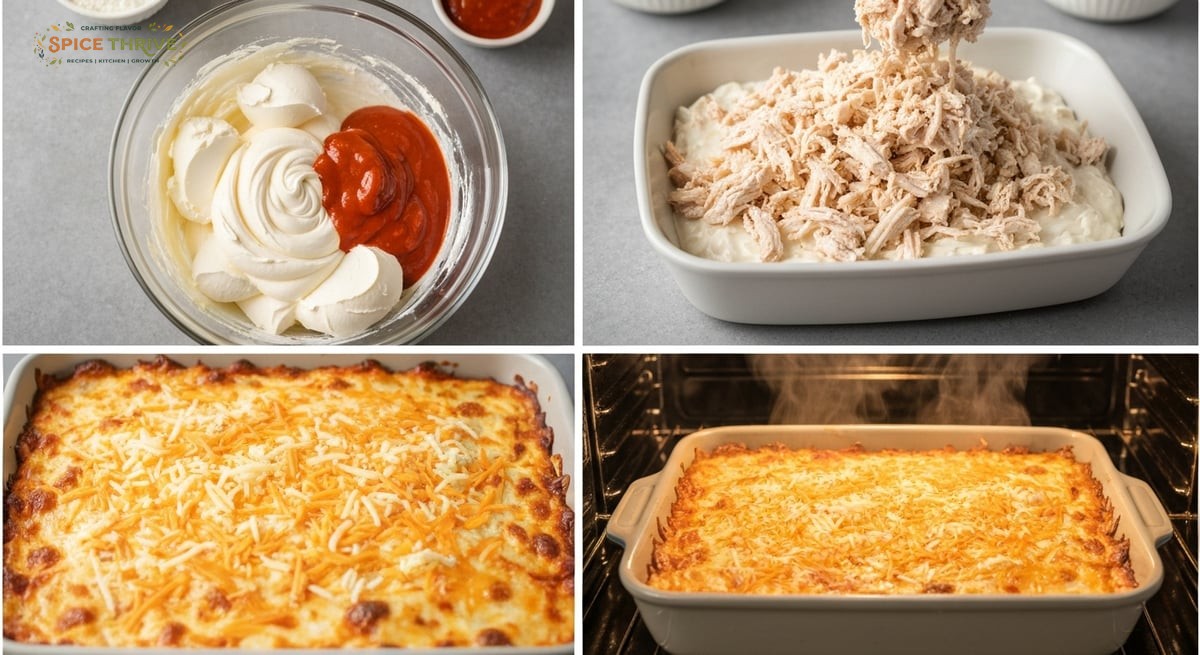 In-process kitchen photos: 1) cream cheese, ranch, and hot sauce being mixed in a bowl; 2) shredded 