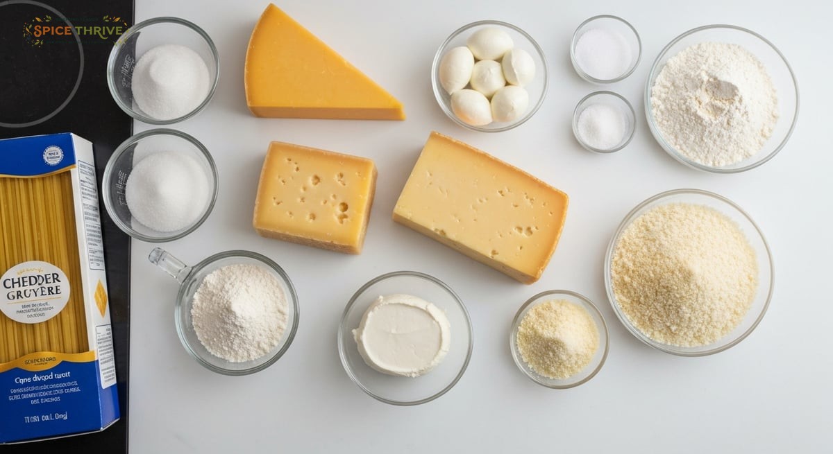 In-process, overhead photo of all five cheeses (cheddar, Gruyère, mozzarella, Parmesan, cream cheese