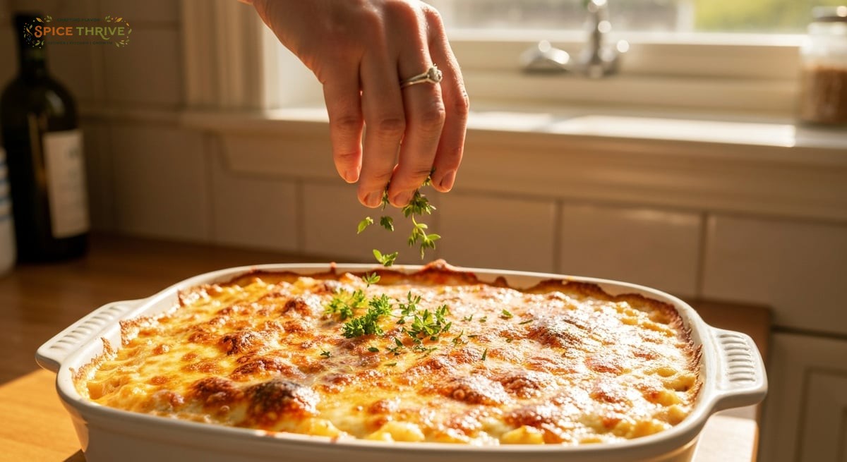 Photo of a fresh-baked 5 cheese mac & cheese in a white casserole dish. Cheesy, browned, bubbling to