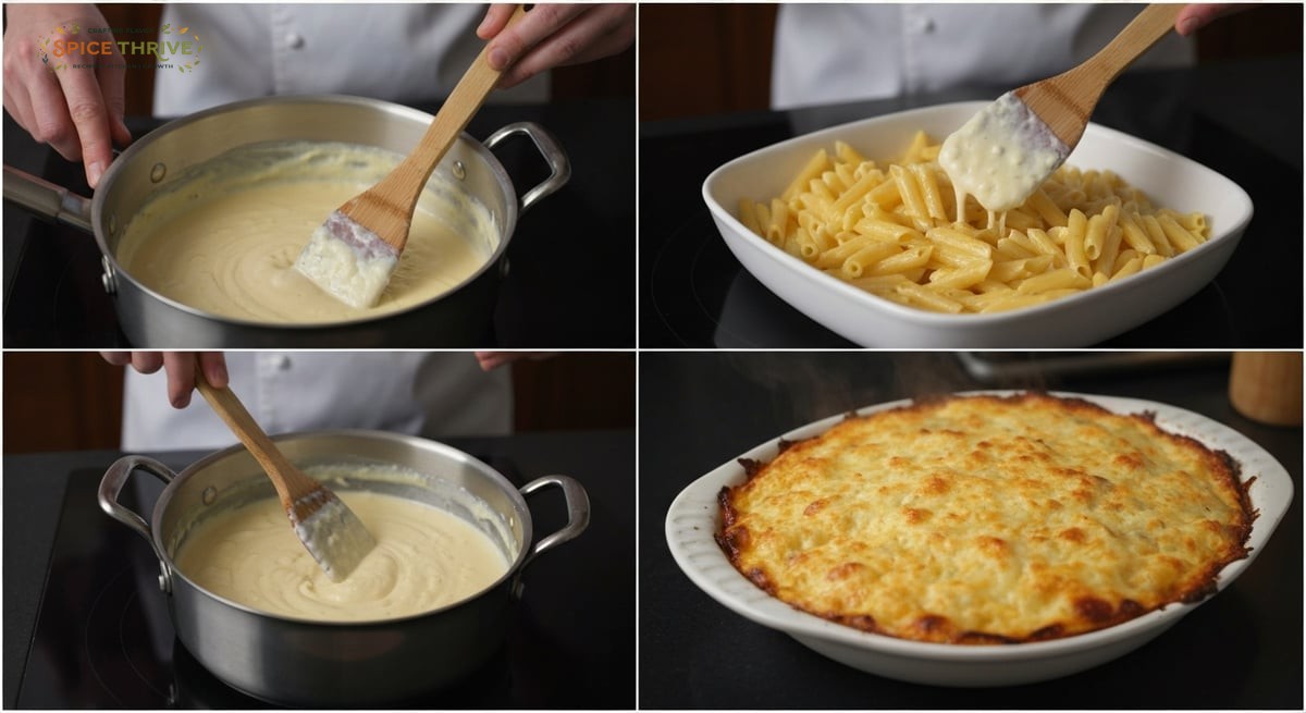 Closeup sequence of stages: creamy cheese sauce in pot (spatula shown), sauced pasta in casserole, t