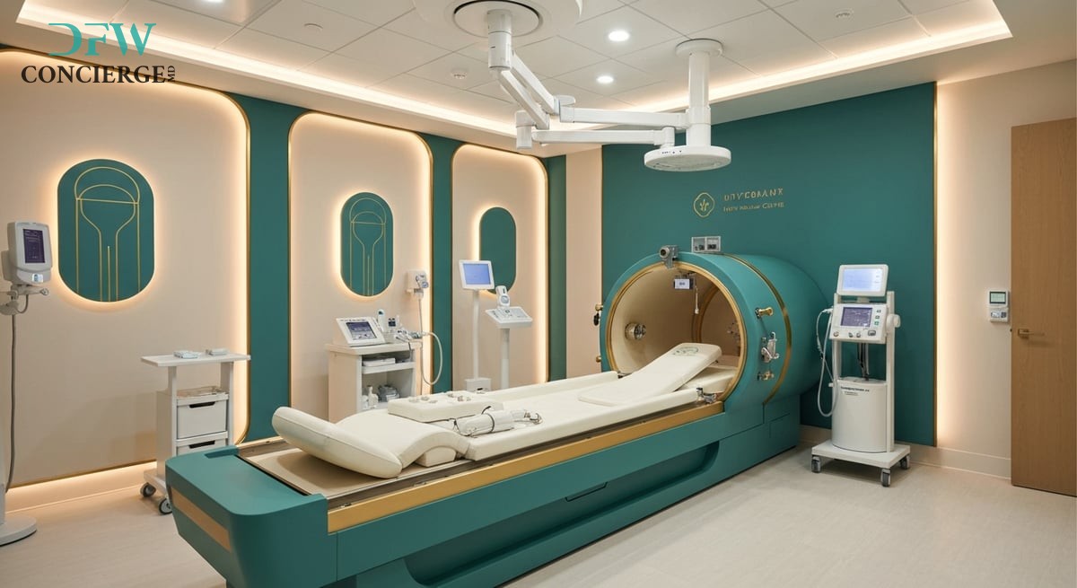 A serene and sophisticated hyperbaric chamber within a luxury medical spa, showcasing a professional