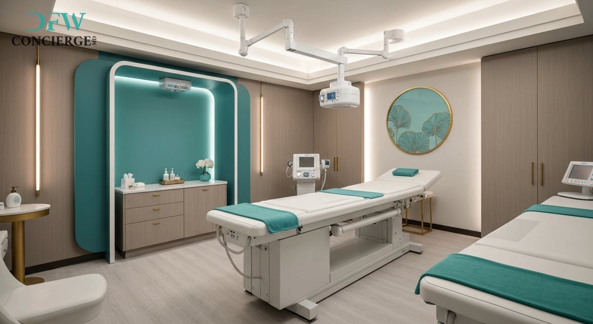 A tranquil room at a luxury medical spa featuring a healing environment for Hyperbaric Oxygen Therap