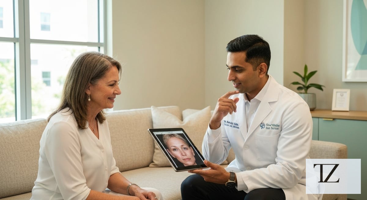 A calm, well-appointed Miami clinic consult room where a middle-aged patient and a board-certified p