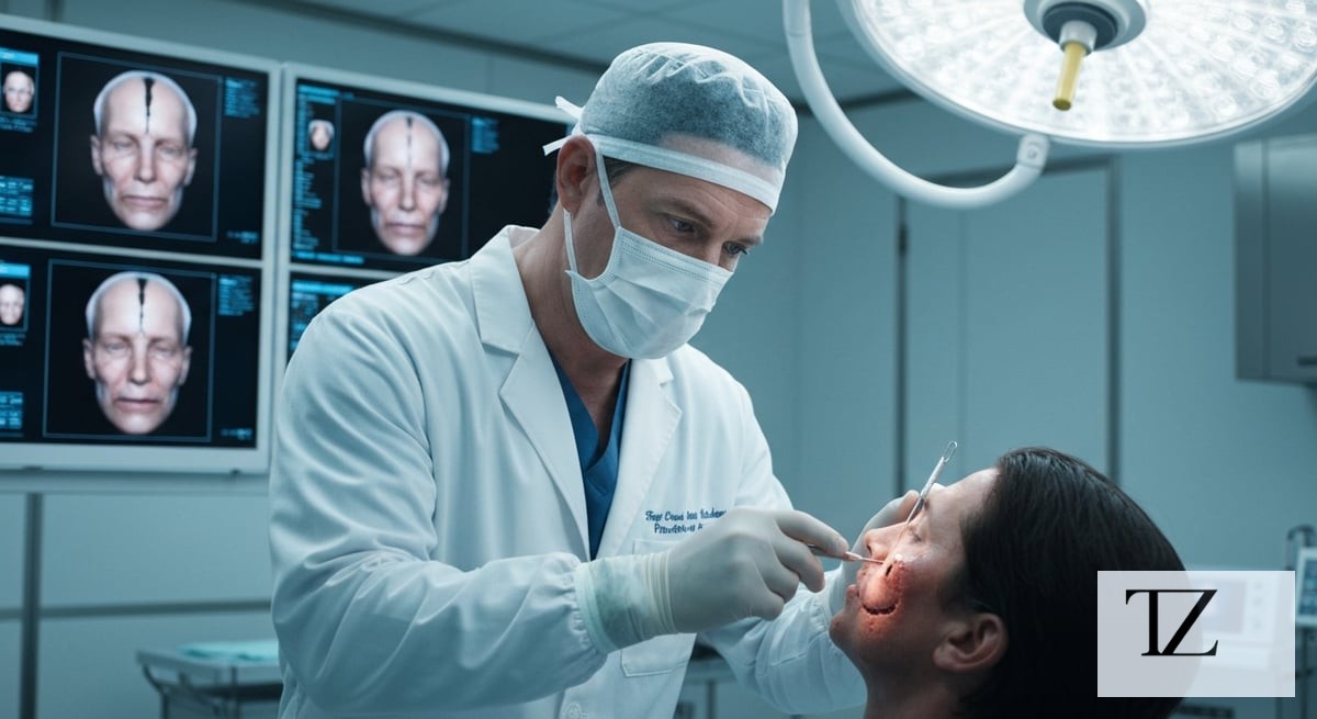 A board-certified plastic surgeon in full sterile gear examines a patient's facial injury in a moder