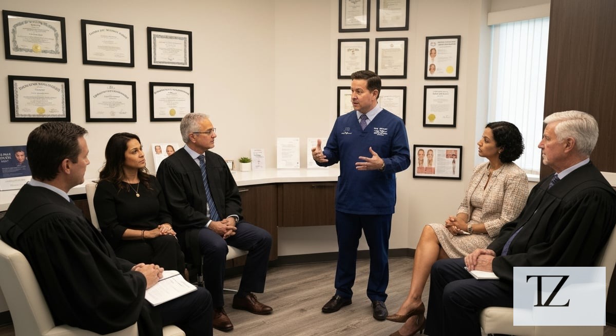 A Miami-based plastic surgeon discussing state-of-the-art surgical methods with a diverse group of p