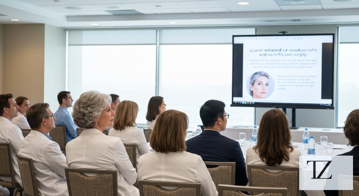 A conference room filled with board-certified plastic surgeons in Miami, attentively engaged in a CM