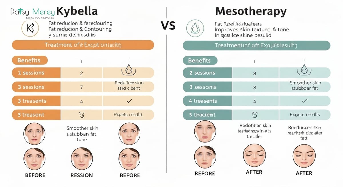 A visual comparison chart of Kybella and Mesotherapy treatments, showing benefits, treatment process
