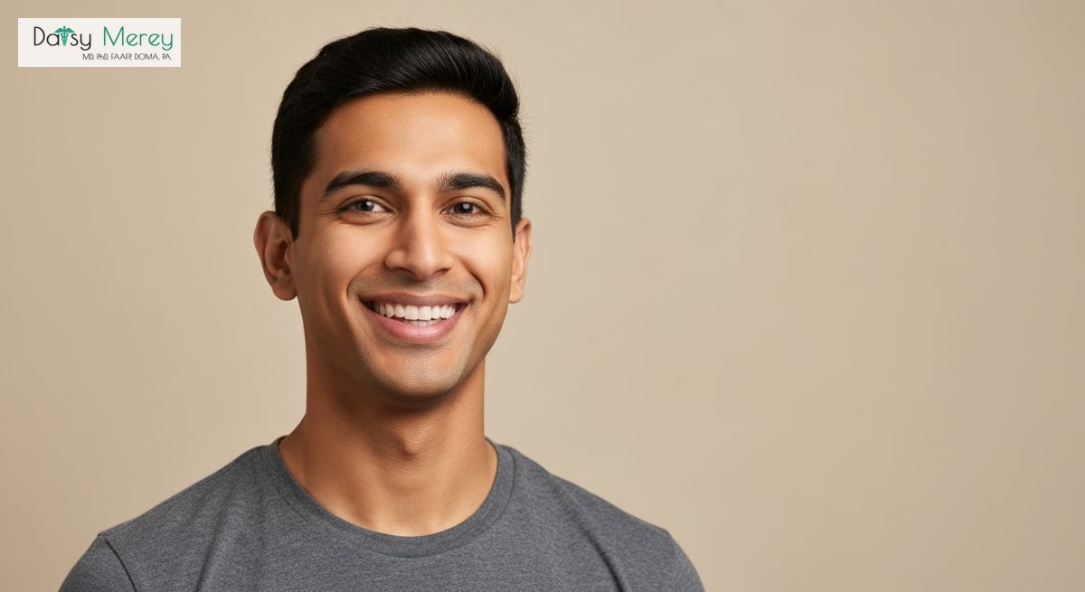 A smiling person with a defined jawline, showcasing the results of Kybella treatment, set against a 