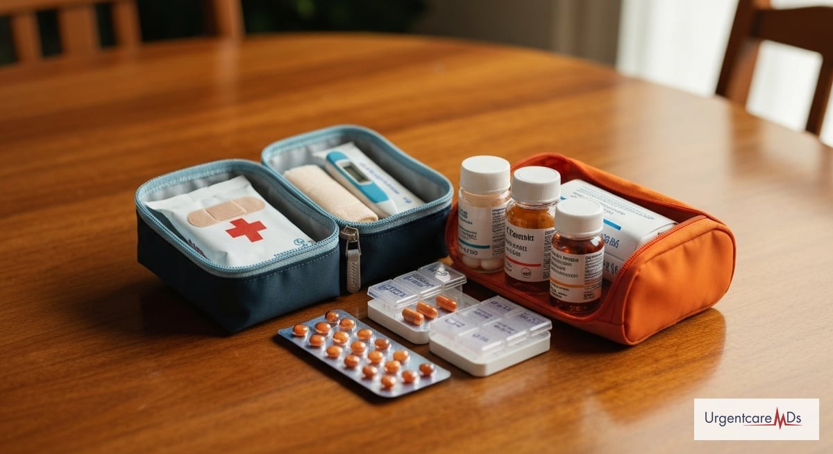 A well-organized travel health kit displayed on a wooden table, including essential items like a fir