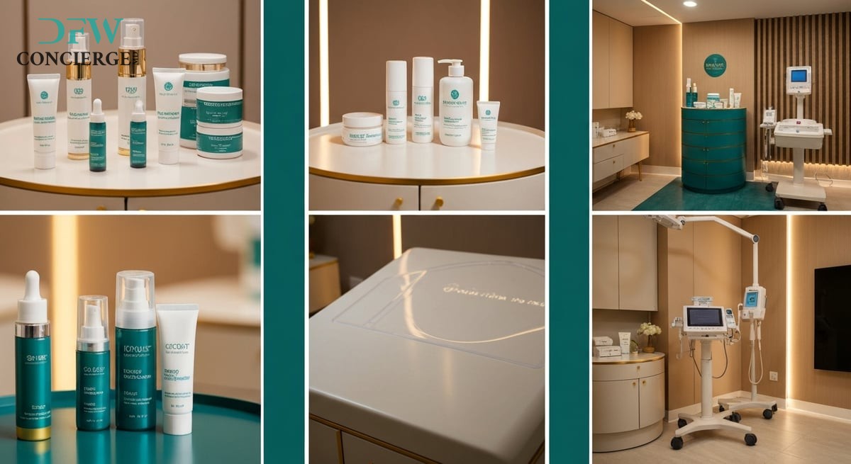 A warm, inviting modern medical spa environment showcasing skincare products and treatments with tea