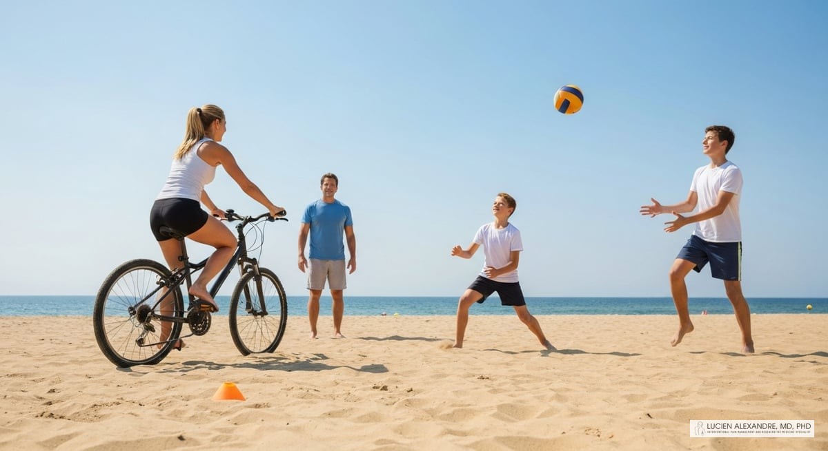 An active family participating in summer outdoor activities like biking or beach volleyball, while s