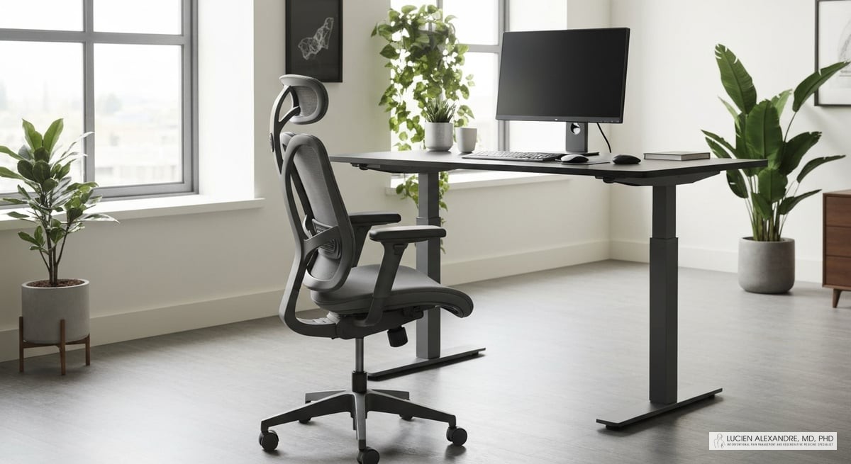 A professional workspace showing ergonomic furniture, including an adjustable standing desk, support