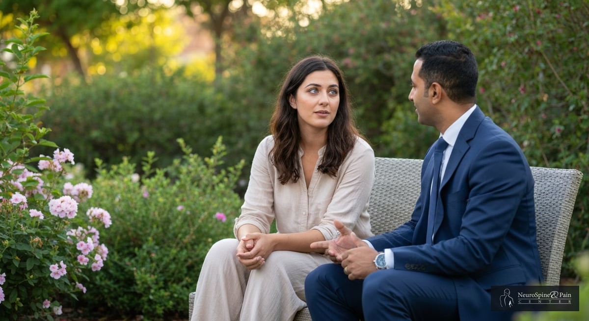 A calm outdoor setting with a person consulting a physician about pain management, showcasing the im