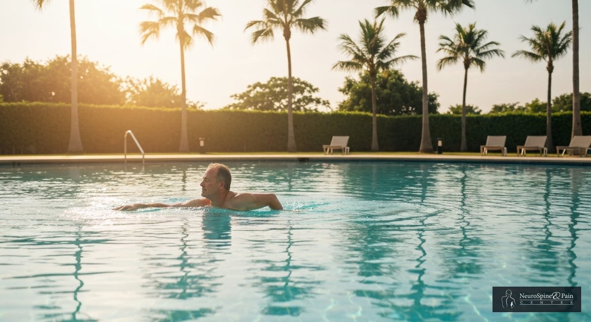 A serene pool scene where someone with knee pain enjoys swimming, emphasizing relaxation and low-imp
