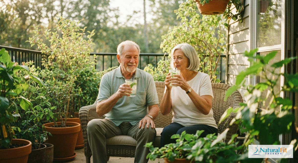A serene image of a senior couple sitting on their patio in Austin, TX, enjoying iced water with lem